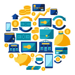 Banking background with money icons.