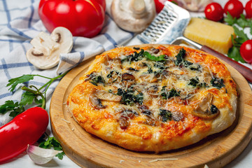 Homemade pizza with mozzarella, mushrooms and spinach.