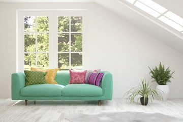 White living room with sofa and summer landscape in window. Scandinavian interior design. 3D illustration