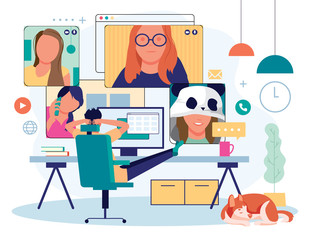 Concept video conference. Online meeting work form home flat design. Videochat with co-workers. Stock Vector Illustration