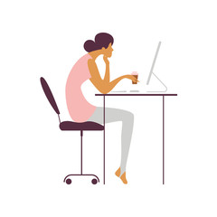 Office work and remote work at home, freelance. People working on computer. Scenes at office. Online education, training, workshops. News and communication.  Vector illustration. 
