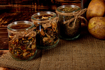 dried spices in glass jars