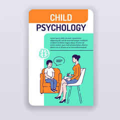 Child psychology brochure template. Psychotherapy counseling cover design. Mental health magazine poster. Print design with linear illustrations cartoon character on a white background
