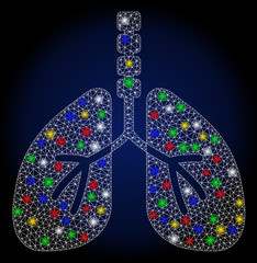 Bright mesh breathe system with lightspot effect. Abstract illuminated vector model of breathe system icon on a dark blue gradiented background. White wire carcass polygonal mesh breathe system.