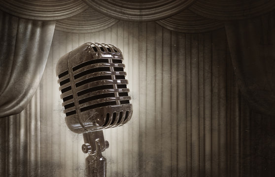 Old retro microphone on stage and curtain in the style of old photography. 3 D illustration.