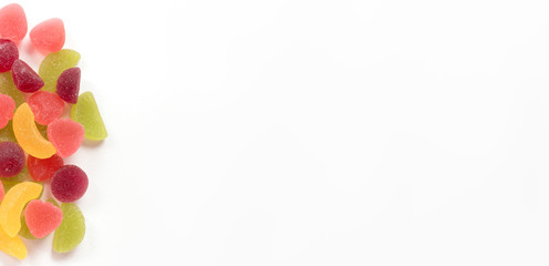 Set of delicious jelly candies isolated on white background,  Different marmalade colorful fruit jelly sugar candies.Fruit jellies. 