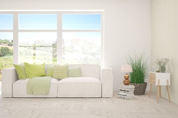 White living room with sofa. Scandinavian interior design. 3D illustration