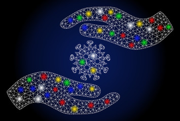 Flare mesh coronavirus care hands with glare effect. Abstract illuminated vector model of coronavirus care hands icon on a dark blue gradiented background.