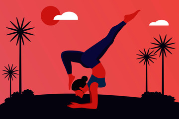 Women are exercising yoga outdoors. International yoga day vector illustration 