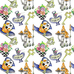  Alice in Wonderland cute watercolor objects set seamless pattern
