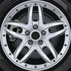 Car wheel close-up for advertising. Black tire, equipment for changing cars. Car tires isolated.  Wheel car, Car tire, Aluminum wheels isolated.