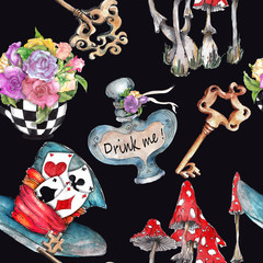 Alice in Wonderland cute watercolor objects set seamless pattern