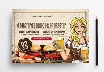 Oktoberfest Beer Festival Flyer Layout with Barmaid Holding Steins