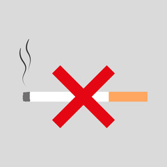Obraz premium Pictogram vector illustration, no smoking.Smoldering cigarette with a red cross icon.Graphics element,flat design,cartoon style.