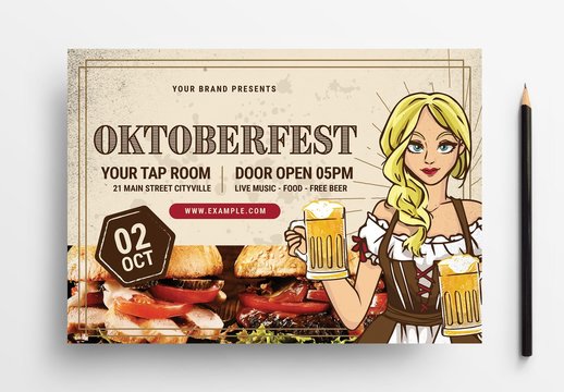Oktoberfest Beer Festival Flyer Layout with Barmaid Holding Steins
