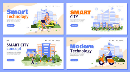 Smart city urban technology website banners set, cartoon vector illustration.