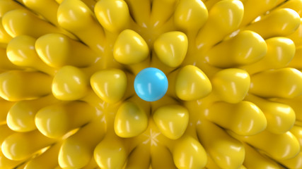 Abstract composition with pattern of a yellow suckers and blue sphere in center. 3d render with depth of field.