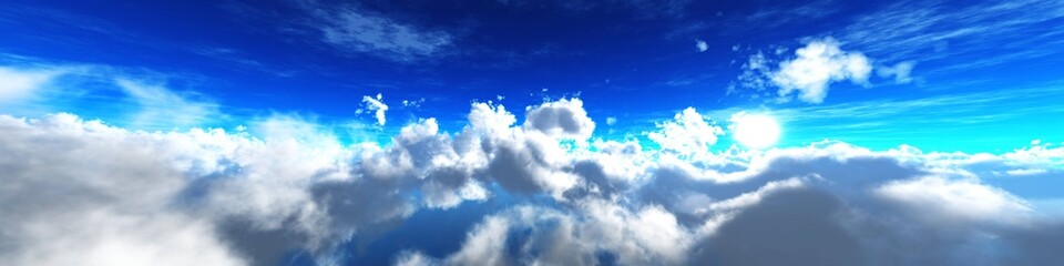 Naklejka na ściany i meble Beautiful clouds, panorama of clouds, flying in clouds, the sun above the clouds, 3D rendering
