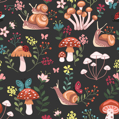 Seamless surface repeat vector pattern design with mushrooms, snails, butterflies, ladybugs and colorful flowers on a gray background