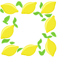 Lemon frame, yellow fruits and leavec. Vector painting art