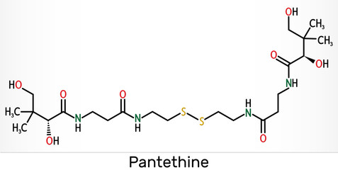 Pantethine, сo-enzyme pantethine, bis-pantethine molecule. It is is dimeric form of pantetheine. Is supplement for lowering blood cholesterol Skeletal chemical formula