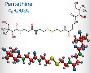 Pantethine, сo-enzyme pantethine, bis-pantethine molecule. It is is dimeric form of pantetheine. Is supplement for lowering blood cholesterol.  Structural chemical formula and molecule model