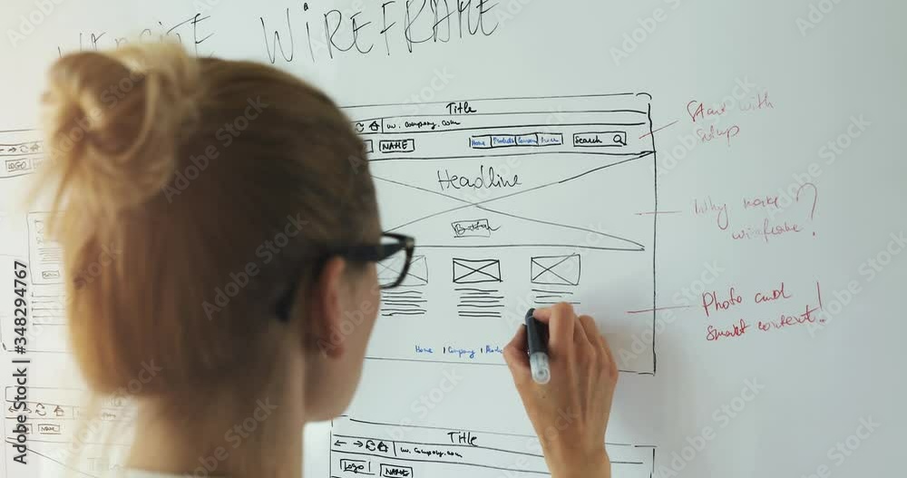 Wall mural web development - ui ux designer working on new website wireframe