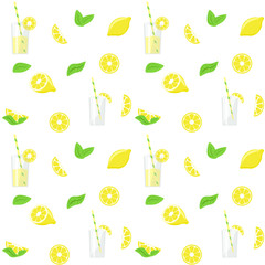 Lemonade, glass with drink, slice of lemon. Seamless.pattern Yellow tropical fruits. Isolated vector painting
