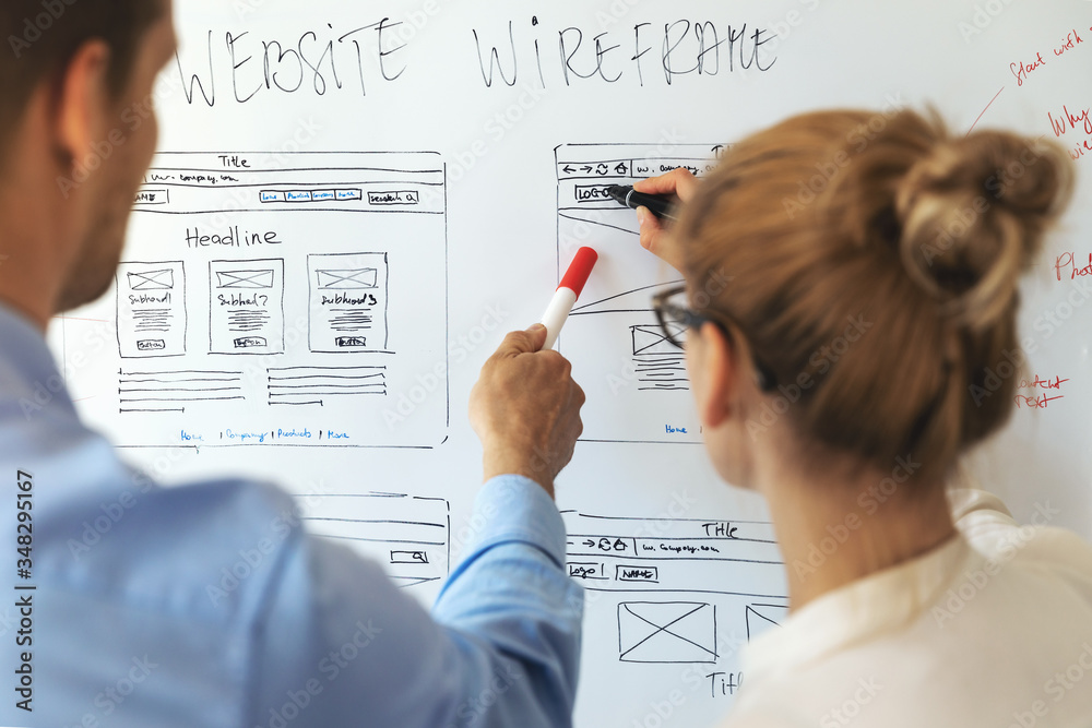 Poster ui ux designers team working on new website wireframe in office