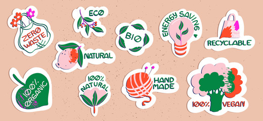 Set of ecology and recycle stickers with text. Collection of hand-drawn trendy stickers with lemon, cotton flower, broccoli, and ECO elements. Modern isolated vector badges for web and print.   