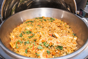 Live food stations. Kitchenware in the line catering summer brunch buffet. Corporate cocktail event