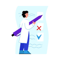 Medical checkup doctor with exam checklist, cartoon vector illustration isolated.