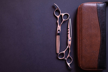 a pair of scissors for a hairdresser, a leather bag for them lie on a textured background
