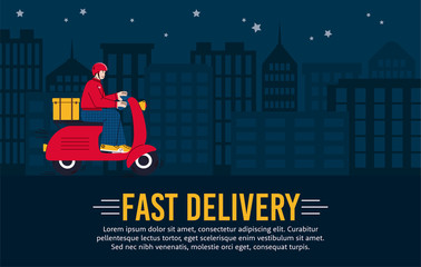 Fast night delivery service banner with courier man riding a scooter