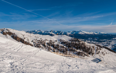 Ski slope in winter at Grosseck-Speiereck resort, Mauterndorf and S.Martin area, Austria. January 2020