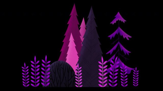 Seamless loop. Group of evergreen trees, grass and bushes swinging in wind. Purple and pink misty night. Animated vector illustration with brushes isolated on black background with alpha luma matte.