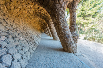 Stone colonnade in Park Guell in Barcelona