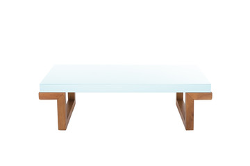 Cyan wooden modern Table on white background.