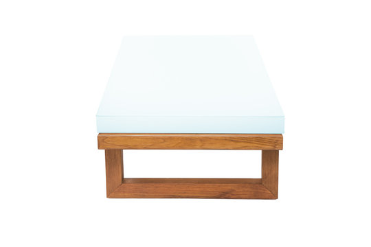 Cyan wooden modern Table on white background.