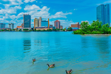 Skyscrapers of Toledo Skyline and waterfront with the Maumee River, Ohio - obrazy, fototapety, plakaty