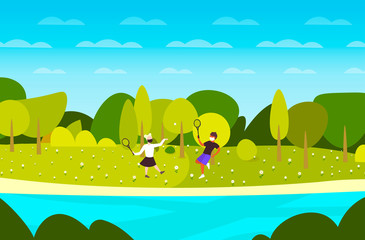 Naklejka premium young couple playing badminton guy girl wearing medical masks to prevent coronavirus pandemic covid-19 quarantine concept landscape background horizontal full length vector illustration