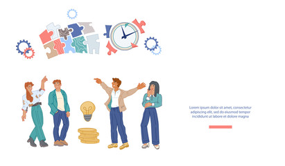 Business meeting and working issues discussion website banner template. Business people suggesting ideas for company development and income growth. Flat vector illustration.