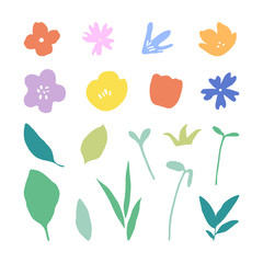 Set of hand-drawn plant shapes. Abstract plants elements. Simple leaves and flowers. Floral design