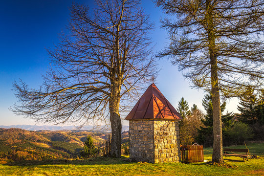 Landscape with chapel above the Dlhe Pole village at Kysuce region in the north of Slovakia, Europe.