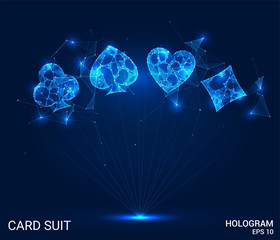 Hologram card suits. Card suits of polygons, triangles, points, and lines. Card suits are low-poly compound structure. The technology concept.