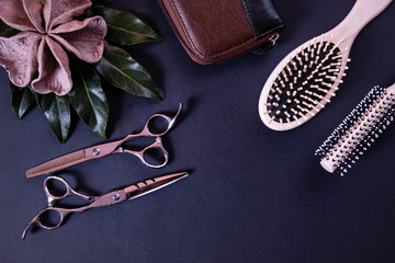 a leather bag for scissors, scissors for a hairdresser and comb lie on a textured background