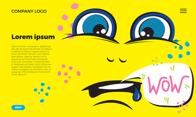 Web page template. Funny emoji face with ductile facial expressions. With place for text in a bubble. Funny doodle. Vector templates web design.