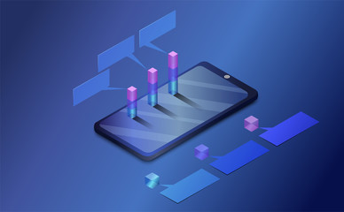 Isometric smart phone and graph. Illustration of planning by smartphone, business graph and analytics data on isometric mobile phone. Analysis trends and statistic  process concept.