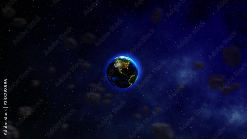 Wall mural realistic space animation with a rotating moon around the blue planet earth with flying asteroids an