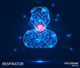Hologram respirator. A masked silhouette of polygons, triangles, points, and lines. Medical mask is a low-poly compound structure. The technology concept.